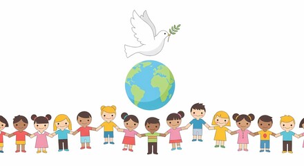 Children holding hands around globe with dove, world peace concept