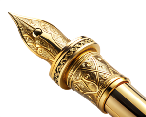 Close up of ornate gold fountain pen nib and barrel with intricate patterns writing instrument isolated on a transparent background