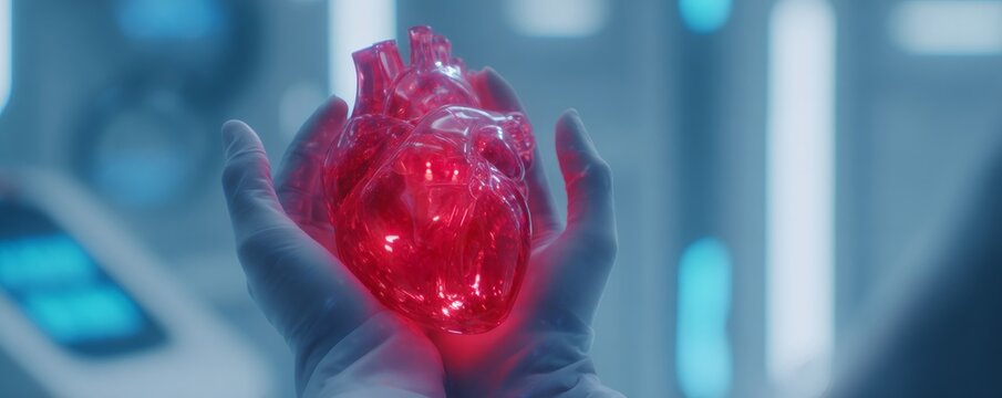 Hand in glove holding digital glowing red heart model. Medical holographic projection. Future of medical bioengineering technology.