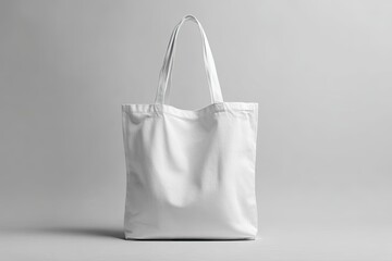 Blank white tote bag, front view.  Empty canvas bag on gray background