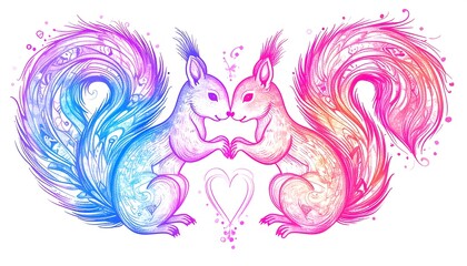 Fototapeta premium Two stylized squirrels, facing each other, with vibrant pastel tails and a heart in the middle