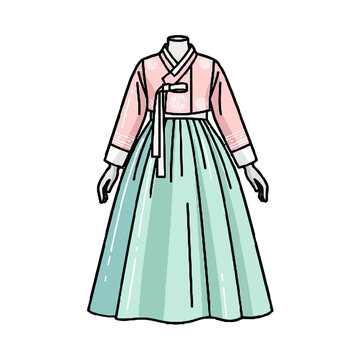 Beautiful and elegant korean traditional dress, known as hanbok, featuring pink jeogori and mint green chima