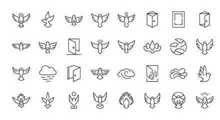 Collection of minimalist line art icons featuring various stylized birds like doves and phoenixes, representing concepts of peace, freedom, spirit, and new beginnings for design projects