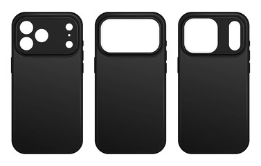 Silicone phone case mockup, black cover, back view, isolated on transparent background. Smartphone accessories ready for logo or pattern 