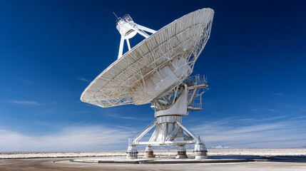 Large white radio telescope in a desert landscape under a vibrant blue sky