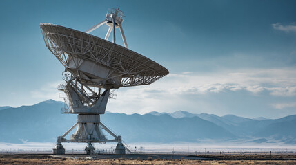 Giant radio telescope in a desert landscape with mountains in the background under a clear blue sky