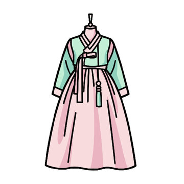 Traditional korean hanbok dress, beautiful garment with light green jeogori top and flowing pink chima skirt, displayed on mannequin, representing korean culture and fashion
