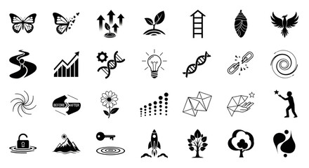Naklejka premium Black and White Icon Set Depicting Growth, Innovation, and Natural Elements