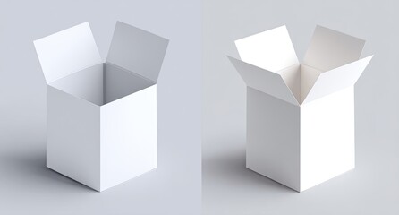 Two open white square boxes on a neutral background