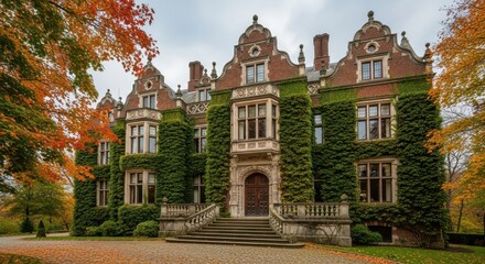 Elegant Historic Manor House Adorned With Autumn Foliage And Verdant Ivy