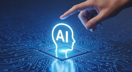 Human finger activating glowing artificial intelligence head symbol on futuristic circuit board