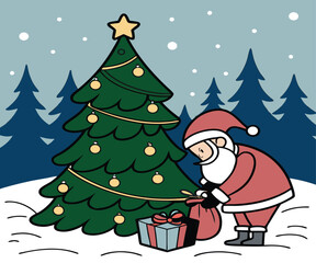 Santa Claus Placing Gifts Under Christmas Tree, Festive Snowy Outdoor Holiday Scene