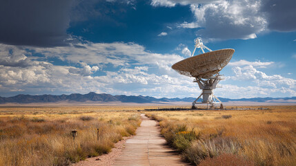 Large radio telescope in a desert landscape under a partly cloudy sky a wooden walkway leads to it