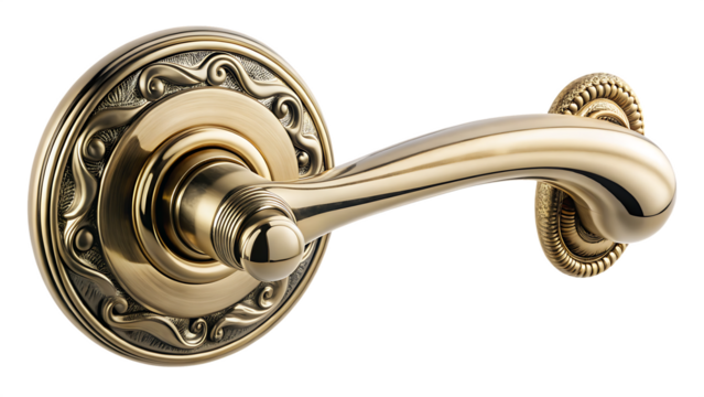 Detailed Brass Door Lever with Decorative Rosette on Background door handle isolated on a transparent background - Powered by Adobe