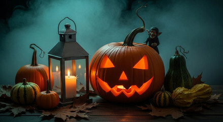 Glowing jack o'lantern surrounded by pumpkins and lantern on wooden surface creates spooky halloween atmosphere with dark teal fog in the background.