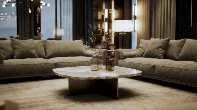 An elegantly designed modern living area featuring plush grey sofas, a unique marbled coffee table with decorative vases, and ambient lighting from wall sconces and a table lamp.