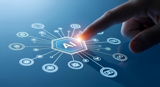 Human finger touching a glowing hexagonal ai symbol connected to various digital icons