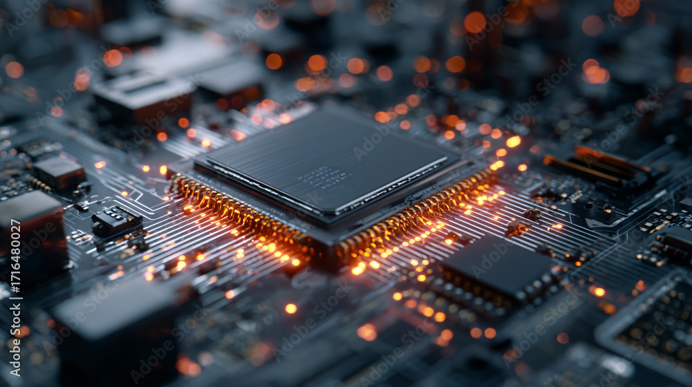 Poster glowing processor on a circuit board illuminated technology digital future innovation