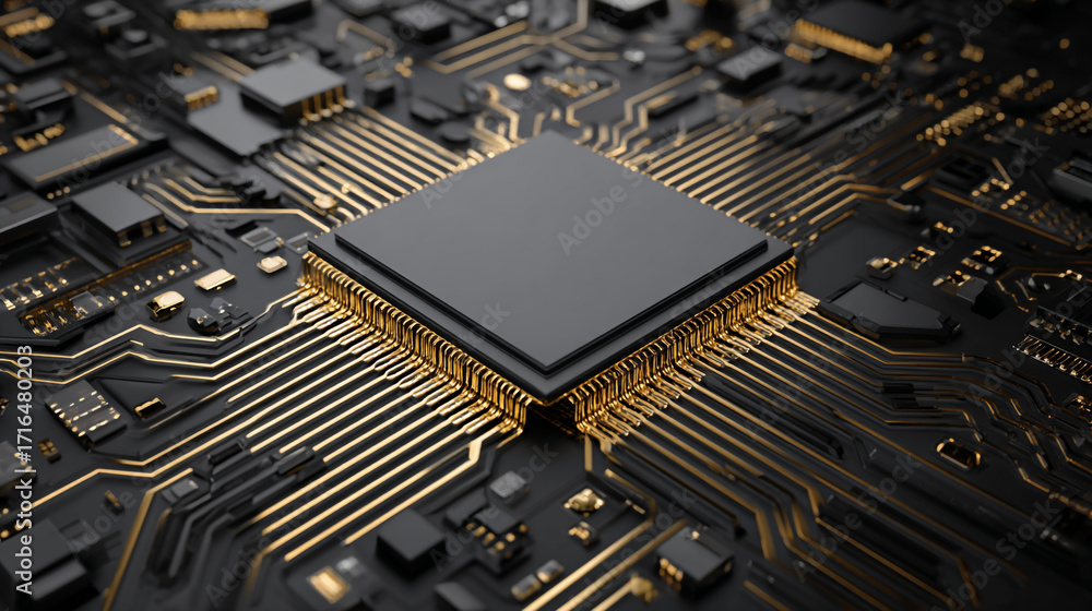 Poster close up of a black and gold circuit board with a central processor chip