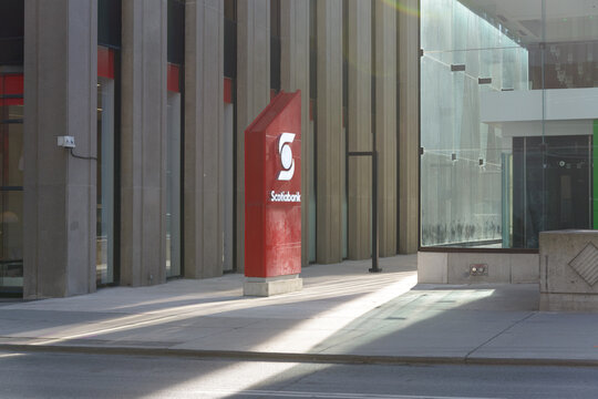 pylon sign outside Scotiabank, a branch of the Bank of Nova Scotia located at 392 Bay St, Toronto