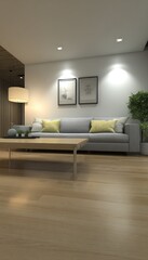 Modern living room interior showcasing a light-toned wooden floor and a gray couch with mustard-yellow accent pillows.