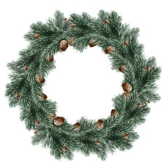 Hand-drawn pine wreath with lush green branches and pinecones