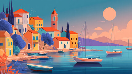 Fototapeta premium Colorful coastal town at sunset sailboats in calm water picturesque harbor charming buildings tranquil scene