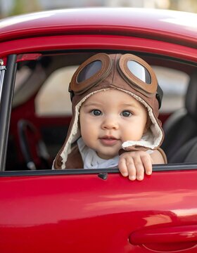 Baby in aviator hat in red car