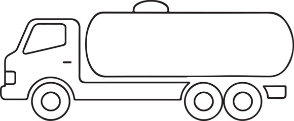 Black outline drawing of a tanker truck with two rear axles on white Keywords: tanker truck, fuel truck, oil