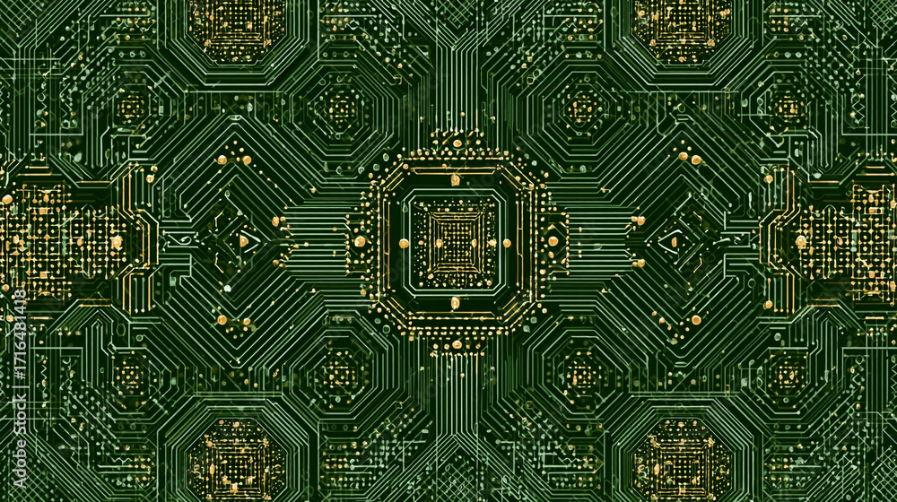 Poster abstract green and gold circuit board design intricate pattern technology background