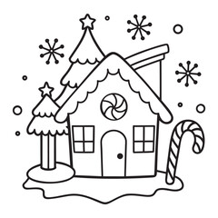 Charming and whimsical gingerbread house illustration with festive holiday decorations and a snowy background