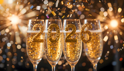 Glasses of champagne with golden numbers 2026 placed on them creating elegant festive holiday atmosphere and joyful celebration mood