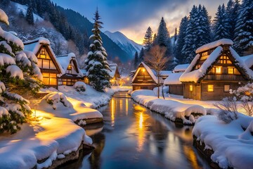 Fototapeta premium Winter Village Scene in Japan with Traditional Houses and Snow Covered Landscape Reflecting in Water