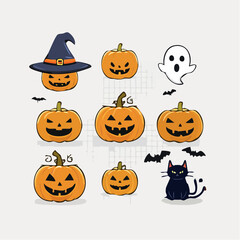 Halloween themed image with pumpkins, a ghost, a cat, and bats.