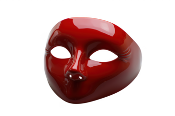A glossy red venetian mask against a stark transparent background for theatrical imagery