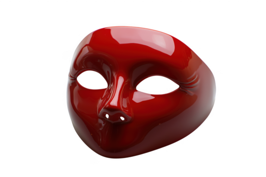 A glossy red venetian mask against a stark transparent background for theatrical imagery
