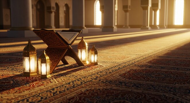 Side shot of Quran on Wooden Rehal in Beautiful Mosque
