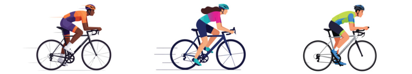 Obraz premium Vibrant cyclists sprint forward in a minimalist flat vector illustration