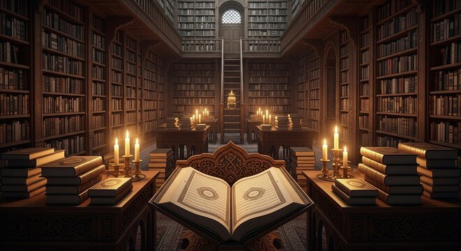 Open Holy Quran Placed on Rehal with Wooden Bookshelves Behind