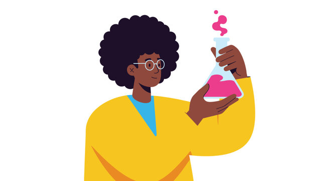 Stylized illustration of scientist examining test tube on white backdrop