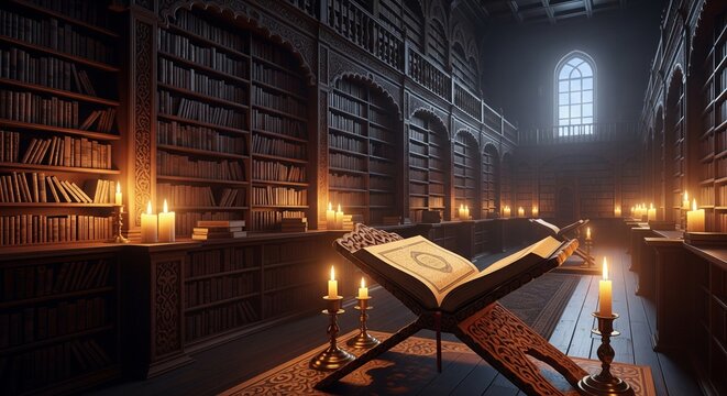 Quran on Traditional Stand in Front of Wooden Library