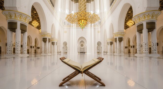 Holy Quran on Wooden Rehal in Beautiful Mosque Interior