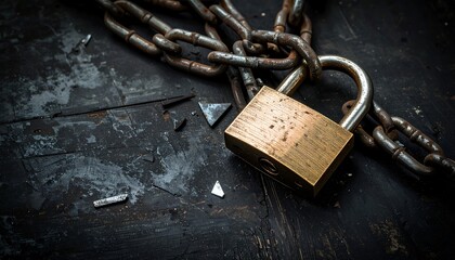 Rusty padlock and chain on a dark surface