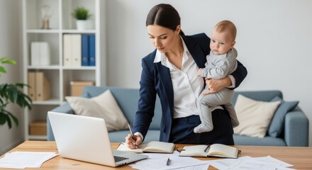 Busy Mother Juggling Work and Childcare Responsibilities at Home Office