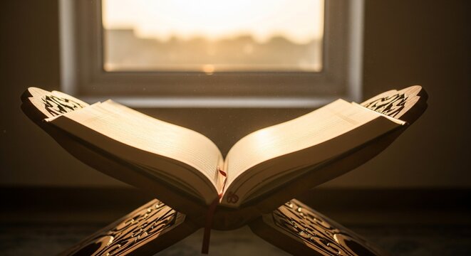 Holy Quran by Window with Sunset View