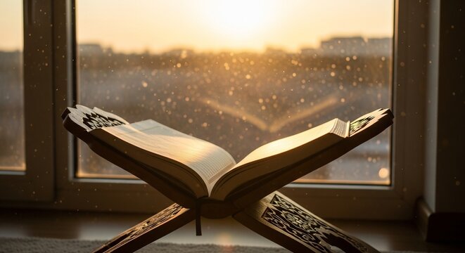 Sacred Quran with Golden Sunset Window View