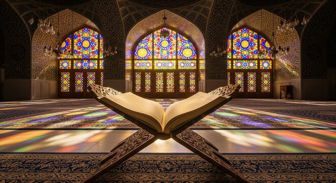 Ultrawide shot of the Holy Quran in a mosque