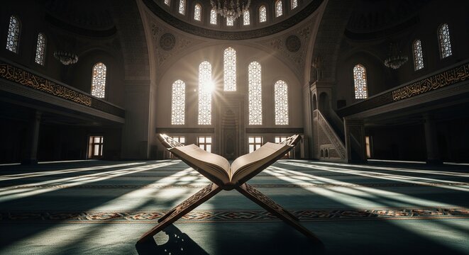 Ultrawide shot of the Holy Quran in a mosque
