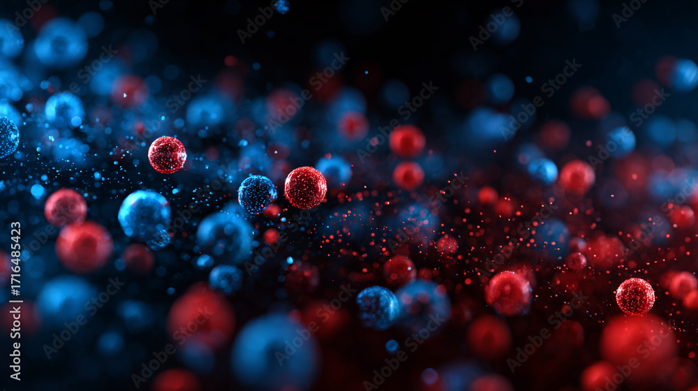 Poster red and blue spheres float in dark space with glowing particles