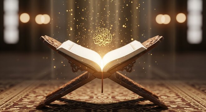 Divine light shining from the Holy Quran